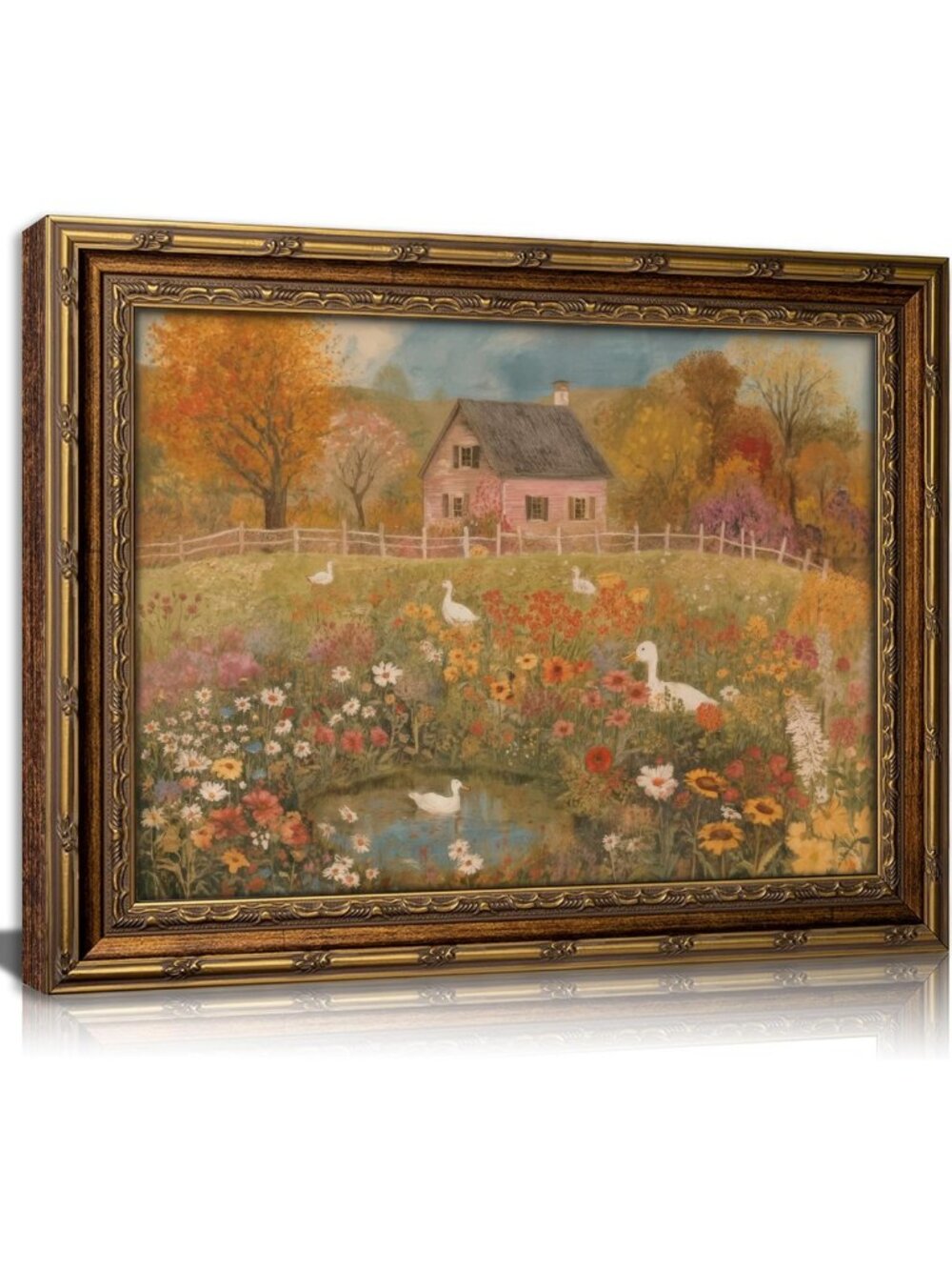 Rustic Vintage Gold Framed Autumn Wall Art with Ducks & Flowers, 16x24in Decor